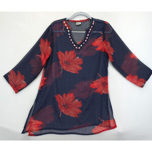 California Tunic Top Beaded V Neck Sheer Women M Blue Red Floral Side Slit Boho